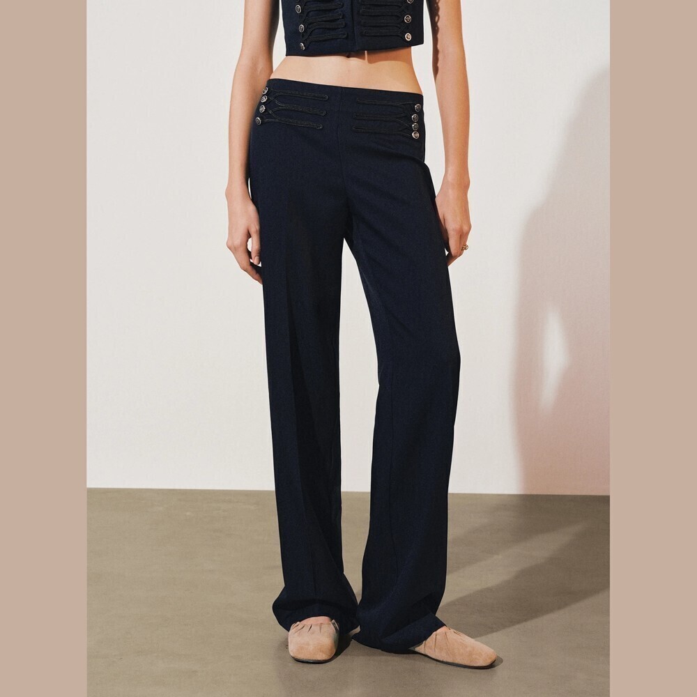 Navy Blue Braided Military Trim Button Detail Straight Leg Trouser Pants